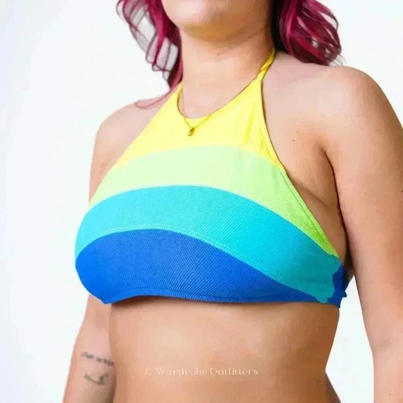 Vintage 90s Hobie Neon Green Blue Striped Full High Waist V Cut Bikini Set - Picture 6 of 10